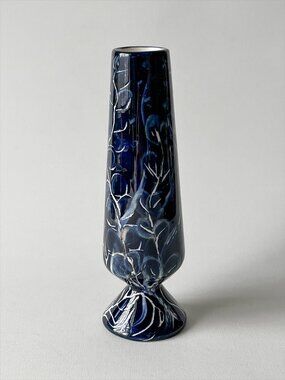 Vintage Handmade Studio Pottery Bud Vase Blue White Sgraffito Floral Signed